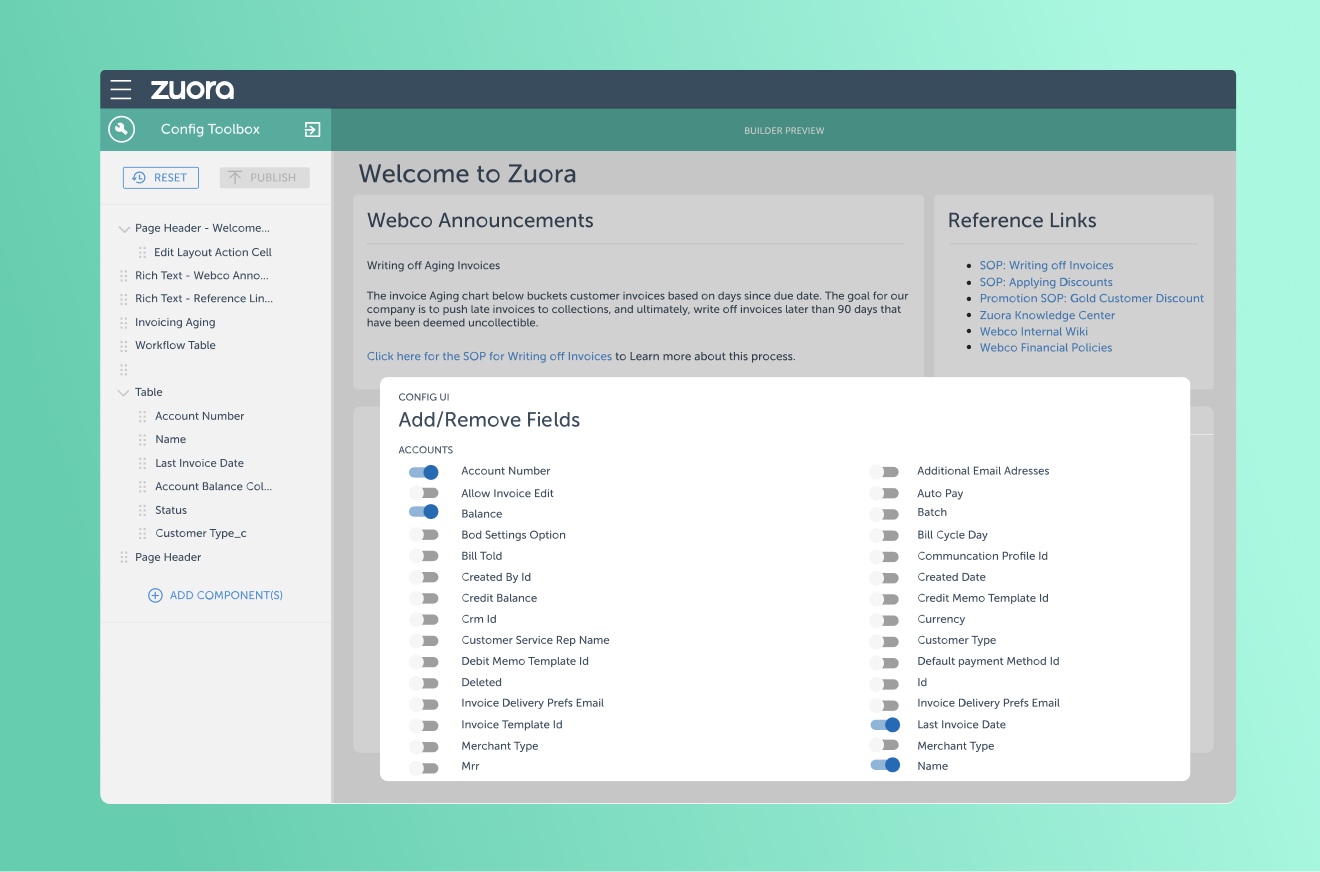 Zuora configuration toolbox dashboard ui