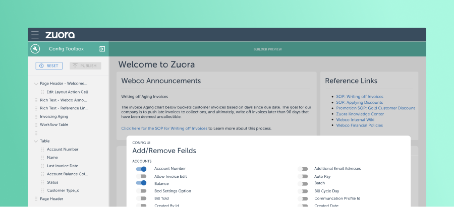 Zuora configuration toolbox dashboard ui