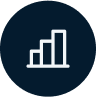 A white bar graph, ideal for consumption metering for engineers, with three ascending bars is displayed on a dark blue circular background.