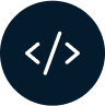 A dark blue circle with white angle brackets, indicating HTML code, inside it—perfect for engineers focusing on consumption metering.