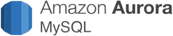 Logo of Amazon Aurora MySQL, featuring a blue hexagonal graphic next to the Amazon Aurora text and the MySQL text below it.