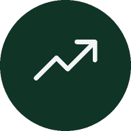 A white upward trending arrow with a jagged pattern on a dark green circular background.