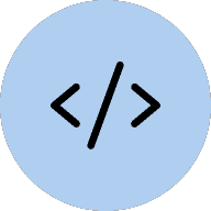 A light blue circle with a black code icon showing an opening and closing angle bracket separated by a forward slash.