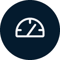 Icon of a speedometer on a dark circular background.