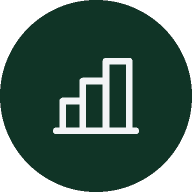 A white bar graph icon with three bars of varying heights on a dark green circular background.