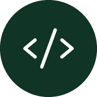 A dark green circle containing a white forward slash symbol flanked by left and right angle brackets, representing HTML coding or programming.