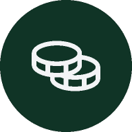 Icon of two stacked coins on a dark green circular background.