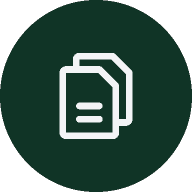 Icon of two overlapping documents in a dark green circular background.