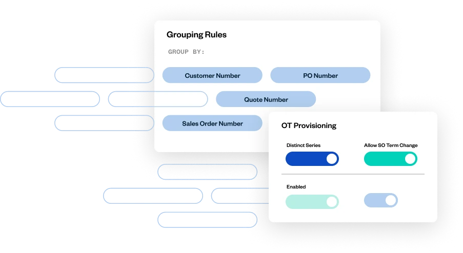 A graphic showing interface elements for grouping rules by various numbers and provisioning OT settings with toggle switches for distinct series and SO term change.