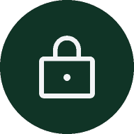 White padlock icon on a dark green circular background.