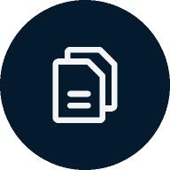 Icon of two overlapping documents on a dark blue circular background.