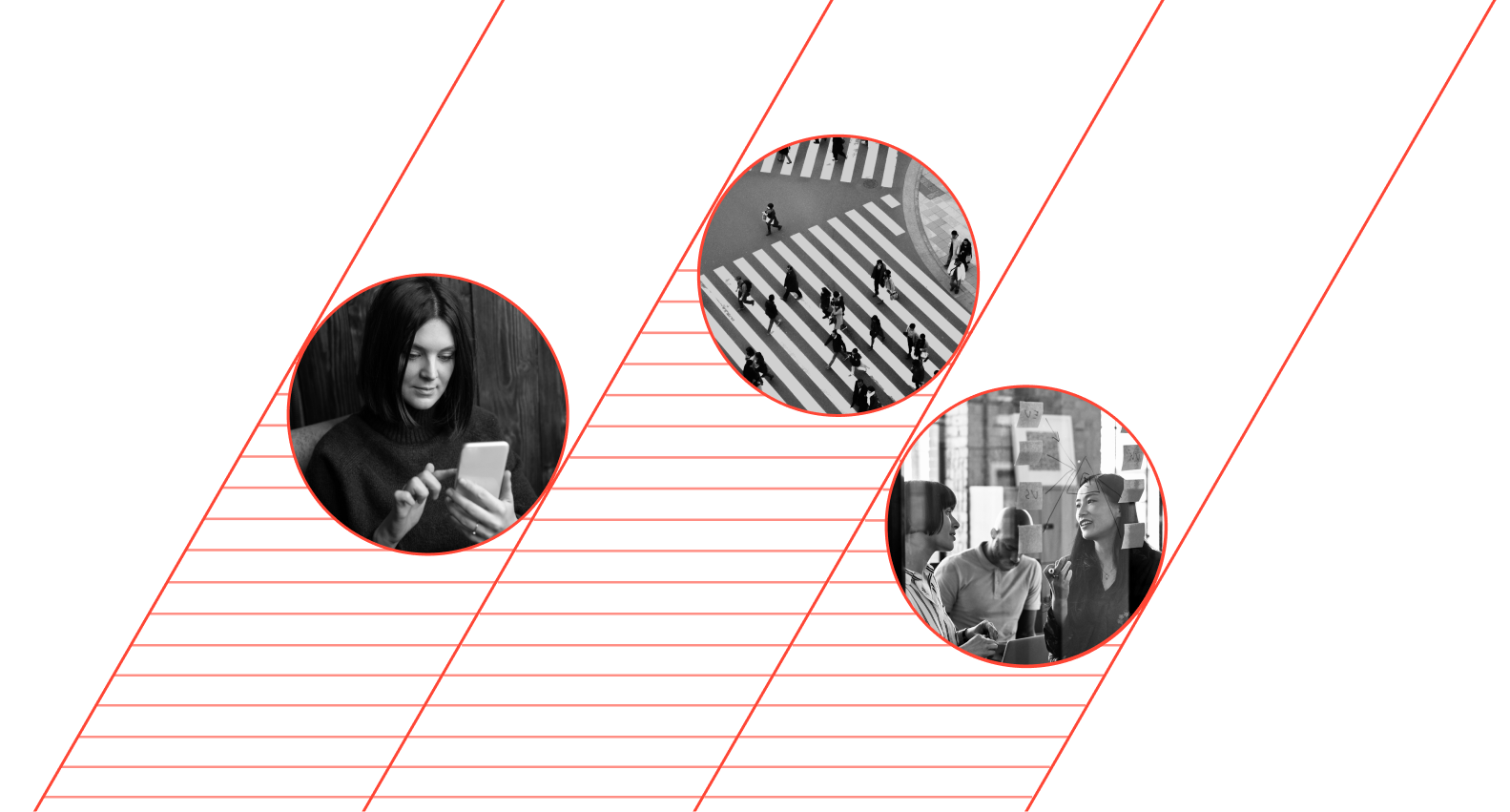 Three circular images depict a person using a smartphone, people on a crosswalk, and a group engaging in conversation, all on a black background with red diagonal lines.