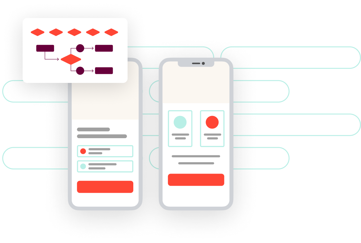 Illustration shows two smartphones with app interfaces and a flowchart above them, depicting a connection between the app designs and the development process.