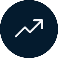 A white upward-trending arrow with zigzag pattern on a dark blue circular background.