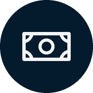 Icon of a banknote in a circular dark blue background.