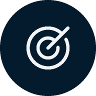 A white target icon with an arrow at the center on a dark blue circular background.