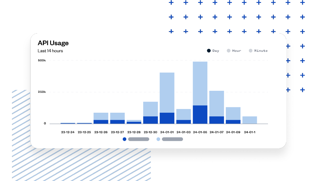 Bar graph showing API usage over 14 hours, with peaks at 24-01 00:00 and 24-01 02:00, divided into day, hour, and minute categories.