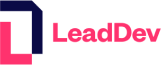 Logo of LeadDev featuring a stylized geometric shape and the text "LeadDev" in bold letters.