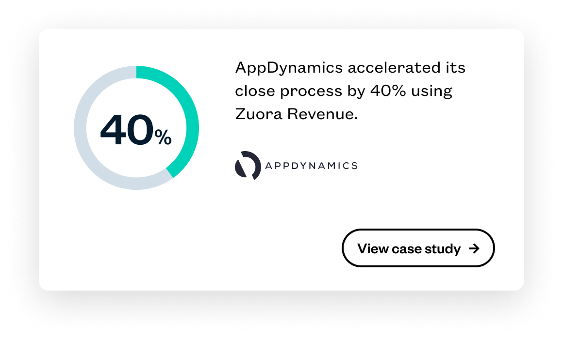 Infographic showing AppDynamics increased its close process by 40% using Zuora Revenue, with a call-to-action button labeled "View case study.