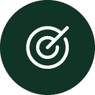 White target icon with an arrow in the bullseye on a dark green circular background.