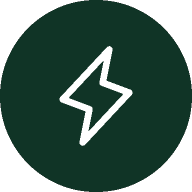 A white lightning bolt icon inside a dark green circle.