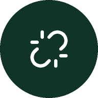 A dark green circle contains an abstract white logo resembling a cloud and question mark combined.