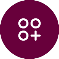 A maroon circle with three white circles and a plus sign arranged in a square formation.