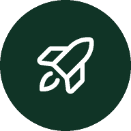 White rocket icon on a dark green circular background.