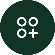 White geometric symbols, including three circles and one circle with a plus sign, arranged in a 2x2 grid on a dark green circular background.