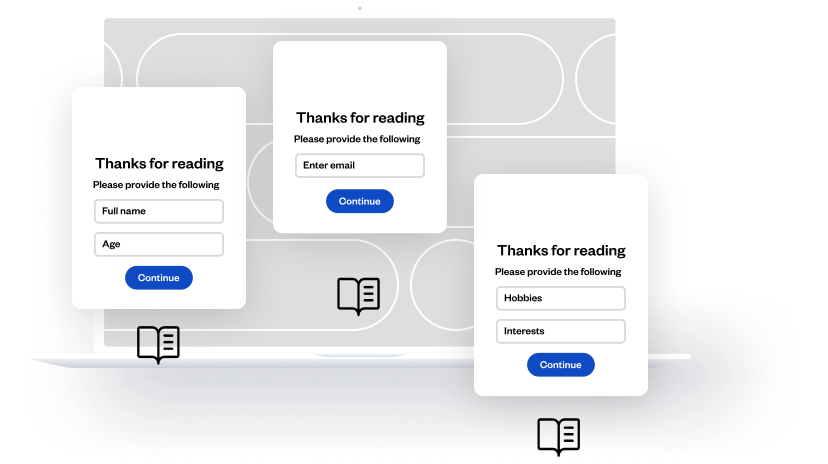 Laptop displaying three pop-up forms asking for different user information like name, email, age, and hobbies.