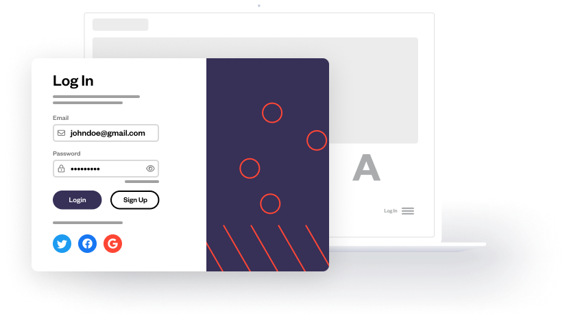 A computer screen displays a login form with fields for email and password, buttons for login and sign up, and options for social media login.