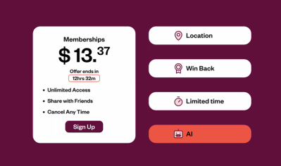 Membership offer for $13.37 with unlimited access and cancellation anytime. Offer ends in 12 hours 32 minutes. Options include location, win back, limited time, and AI. Sign up button visible.